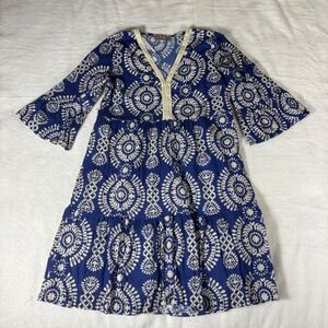SAIPH LAB Block Print Boho Dress Small Blue Cream V Neck Bell Sleeve Made Italy